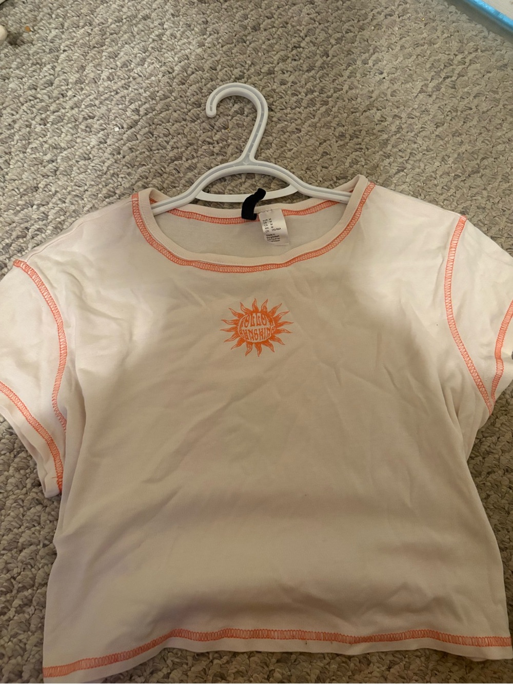 H&M White Crop Tee with Orange Stitching and Sun Graphic